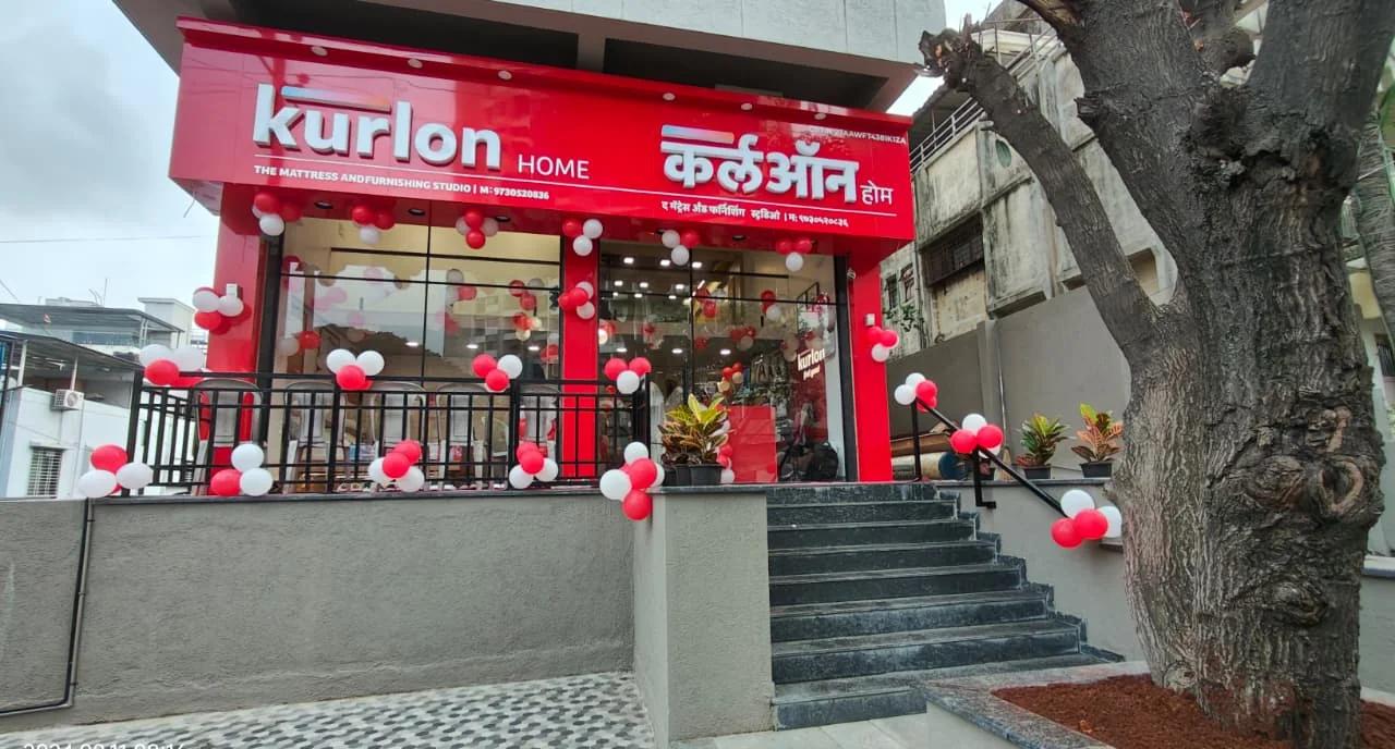 The M&F Studio shopfront on Bibwewadi-Kondhwa Road, signed Kurlon Home — The Mattress and Furnishing Studio